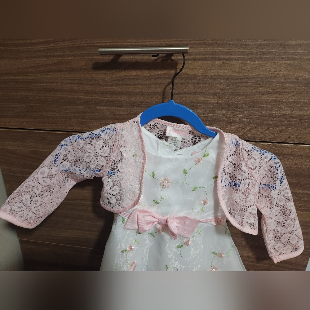 Easter dress White with pink flowers dress with pink crochet cardigan 2T